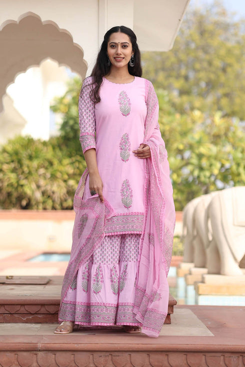 MULMUL VINAYA FLORAL MOTIFS BLOCK PRINTED KURTA-SHARARA & DUPATTA SET MULMUL VINAYA FLORAL MOTIFS BLOCK PRINTED KURTA-SHARARA & DUPATTA SET
